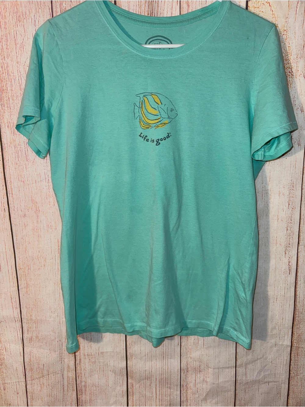 Life Is Good Aqua Tee with Yellow Fish Graphic Sz M